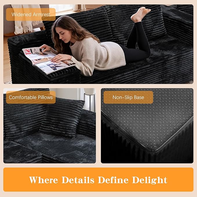 106'' Boneless Couches for Living Room, L Shaped Modular Sectional Sofa with Chaise Lounge, Faux Rabbit Fur & Layered Cushion Deep Seat Cloud Couch, No Assembly (Black, Right Facing Chaise)