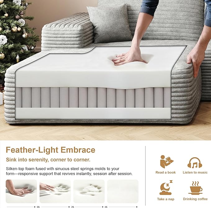 136" Sectional Couches for Living Room Modern Modular Sofa with L-Shape Couchs Upholstered Boneless Couch Deep Seat Sectional Couch with Chaise (Grey, Left Facing Chaise+3Seaters+Ottoman)