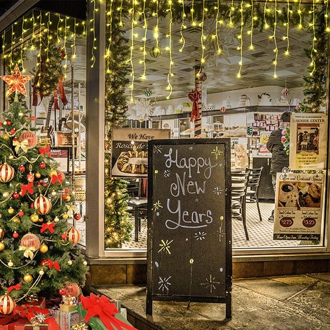 Hezbjiti Outdoor Christmas Lights, 400LED Ice Lights 33FT LED Fairy String Lights with 8 Modes and 75 Drops for Eaves, Party, Yard, Garden Decor（Warm White）