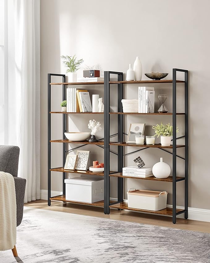 VASAGLE 5-Tier Bookshelf, Bookcase with Steel Frame, Book Shelf for Living Room, Home Office, Study, 11.8 x 26 x 60.2 Inches, Industrial Style, Rustic Brown and Ink Black ULLS061B01