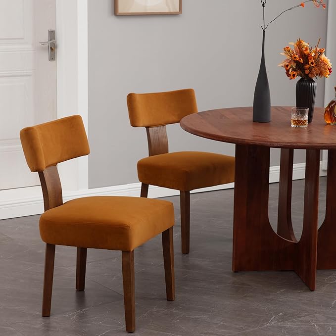 Upholstered Dining Chairs Set of 2, Modern Wooden Kitchen Chairs Fabric Side Dining Room Chair Farmhouse Dinner Chair for Kitchen Dining Room, Yellow Brown