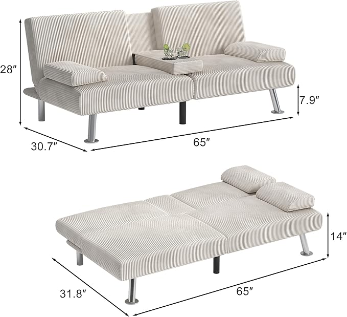 Shahoo Modern Upholstered Convertible Folding Futon Sofa Bed with Removable Armrests, Metal Legs, 2 Cup Holders for Living Room, Beige