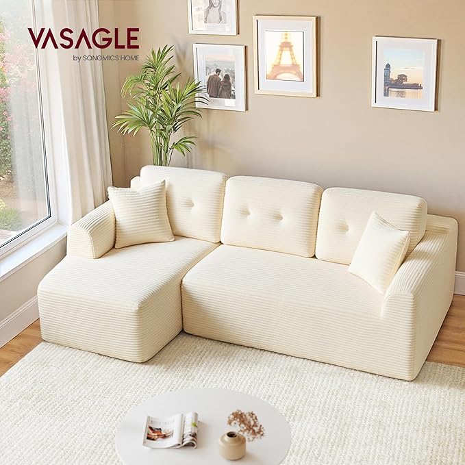 VASAGLE 108.3 Inches Boneless Couch with Chaise, Modular Sectional Sofa, Modern Cloud Couch with Deep Seat, L-Shape Corduroy Sofa for Living Room, Left-Facing Chaise, Bedroom, Cream White ULCS181WD01