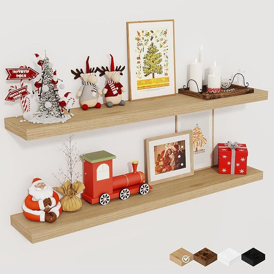 Fun Memories Floating Shelves for Wall, 40" Rustic Wood Deep Wall Mounted Shelves with Invisible Brackets for Decor & Storage, Floating Shelf for Living Room, Bathroom (Oak, Set of 2)