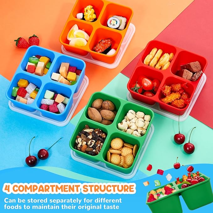 Roshtia 4 Pack Silicone Food Containers with Lids, Reusable Packs Bento Lunch Box for Meal Prep Food Storage, Microwave Dishwasher Safe(4 Compartment,Bright)