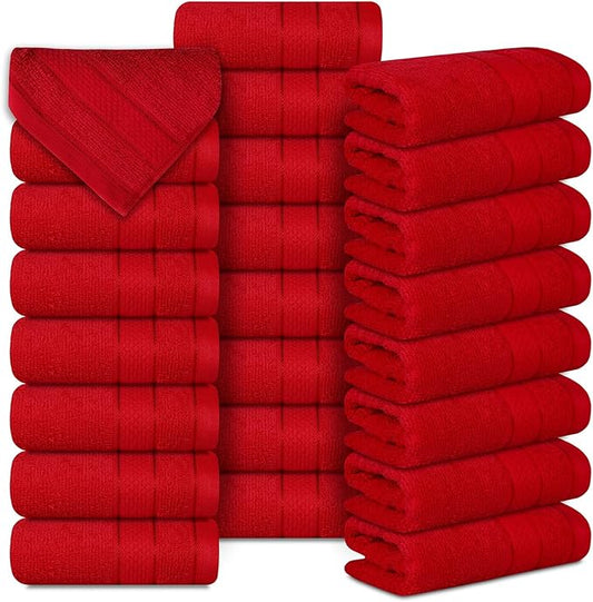 Casa Lino Face Towels & Body Wash Cloths for Showering - 100% Cotton Wash Cloths for Bathroom - Highly Absorbent & Quick Drying Washcloth Set - Cotton Washcloths 24 Pack (12" x 12") - (Red)
