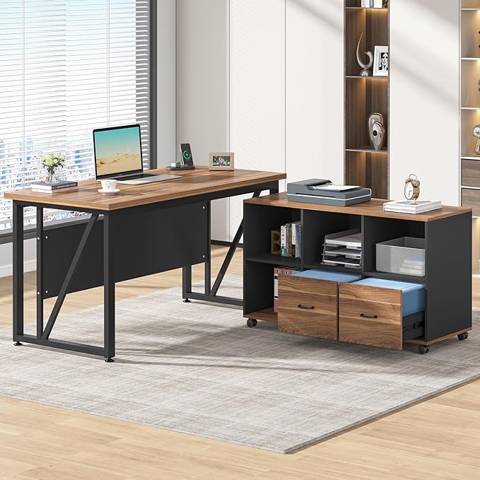 Tribesigns 55-Inch Executive Computer Desk with 43-Inch Lateral File Cabinet, Large Workstation Business Furniture, L Shaped Desk with Drawers and Storage Shelves for Home Office, Walnut