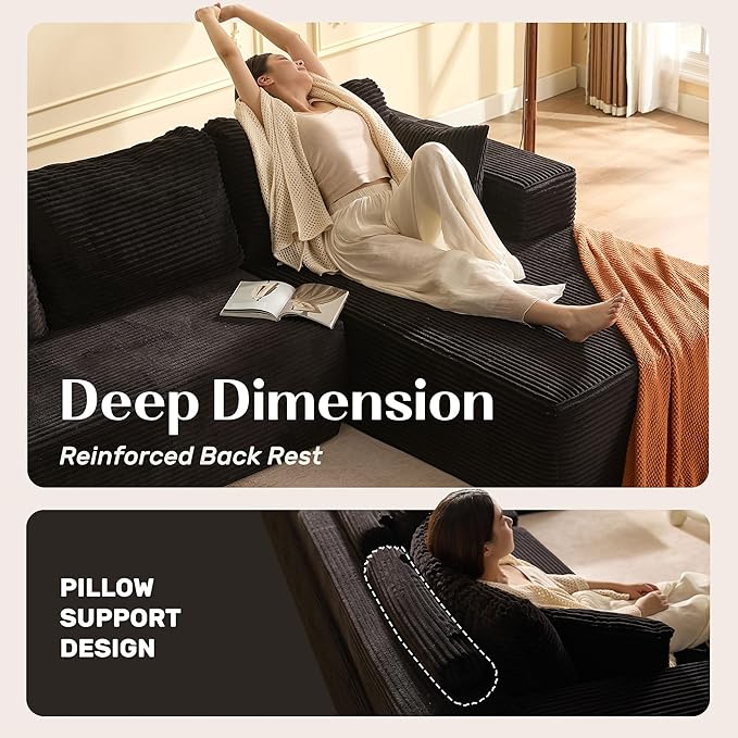 107" Boneless Couch with Deep Seat, Modular Sectional Sofa, Cloud Sectional Couch for Living Room, No Assembly Required, Corduroy, L-Shape Left?Black