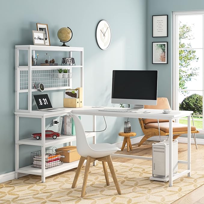 Tribesigns 55" Large Computer Desk with Wireless Charging 5 Storage Shelves, Office Desk Study Table Writing Desk Workstation with Hutch Bookshelf for Home Office (All White)