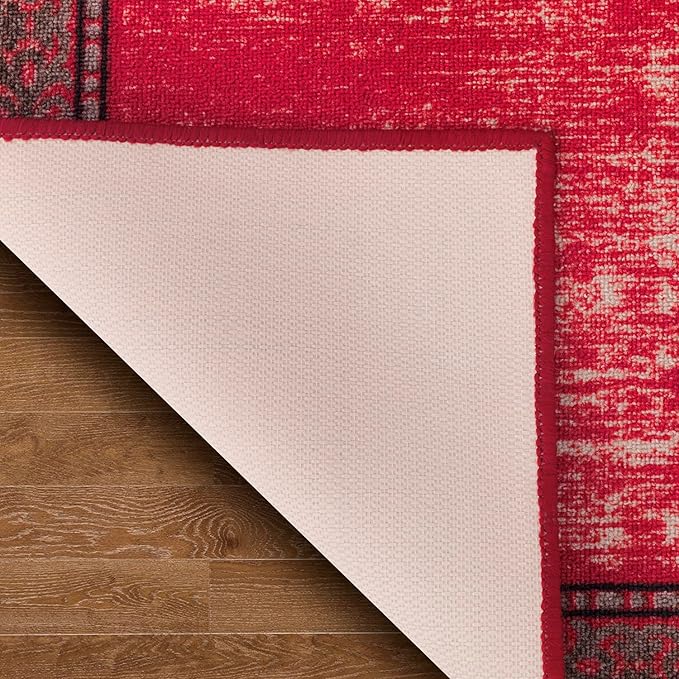 Antep Rugs Alfombras Bordered Modern 2x10 Non-Slip (Non-Skid) Low Pile Rubber Backing Indoor Area Runner Rug (Red, 2' x 10')