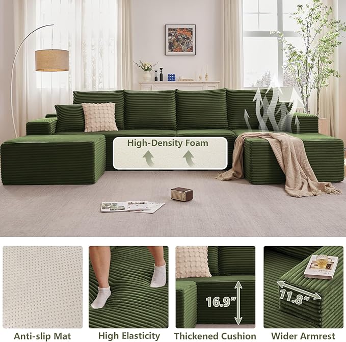 135" U-Shape Cloud Couch, Modern Modular Sectional Comfy L-Shape Sofa with Ottoman, Deep Seat, Upholstered Corduroy Sleeper Chaise Longue for Living Room Bedroom, No Assembly Required, Green