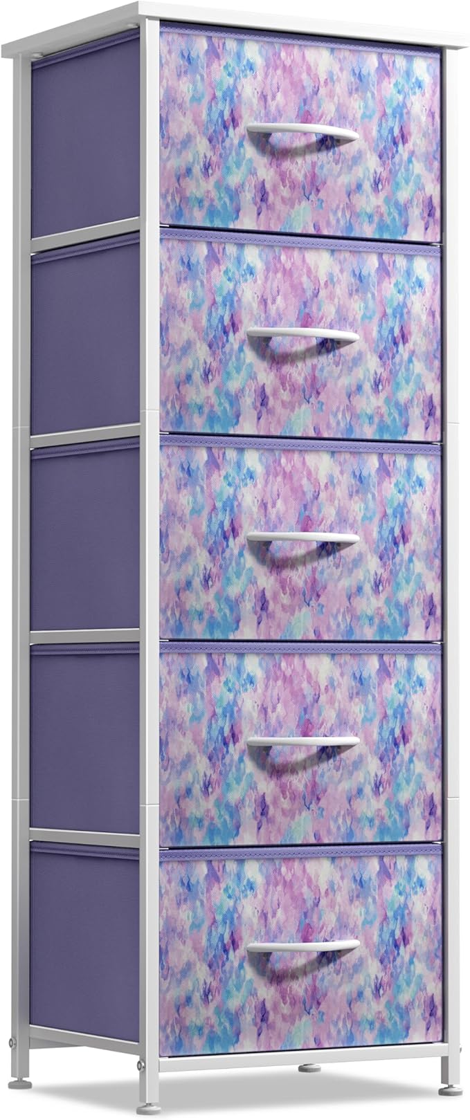 Sorbus Fabric Dresser for Kids Bedroom - Chest of 5 Drawers, Tall Storage Tower, Clothing Organizer, for Closet, for Playroom, for Nursery, Steel Frame, Fabric Bins - Wood Handle (Tie-dye Purple)
