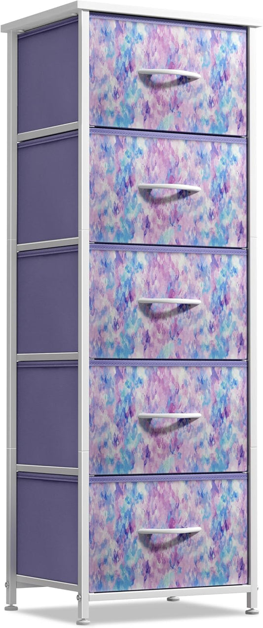 Sorbus Fabric Dresser for Kids Bedroom - Chest of 5 Drawers, Tall Storage Tower, Clothing Organizer, for Closet, for Playroom, for Nursery, Steel Frame, Fabric Bins - Wood Handle (Tie-dye Purple)