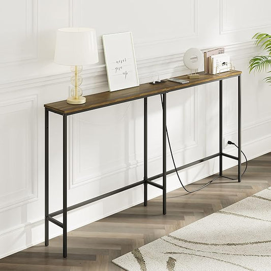 63 Inch Console Table with Power Outlet,Modern Narrow Long Sofa Table Behind Couch,Skinny Entry Table with Black Metal Frame for Entryway,Living Room, Hallway,Walnut Brown
