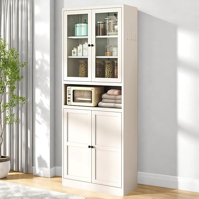 72'' Storage Cabinet, 4 Adjustable Shelves Kitchen Pantry with 2 Glass Doors, Tall White Metal Storage Cabinet with External Hooks, Modern Heavy-Duty Pantry for Kitchen Living Room
