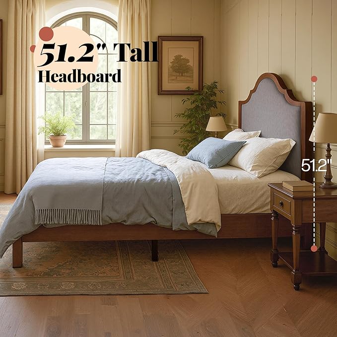 Jocisland Wood Full Size Bed Frame with Tall Upholstered Curved Headboard, Solid Wood Platform, No Box Spring Needed, Wood Slat Support, Brown