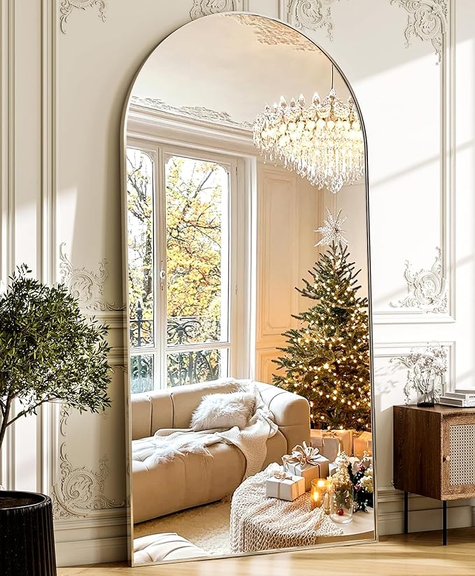 GLSLAND-34 x76 Arched Full Length Mirror-Oversize Floor Mirror Aluminum Alloy Frame High Definition-Full Body Mirror for Bedroom or Living Room,Silver