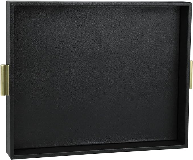 HofferRuffer Extra Large Serving Tray with Handles, Elegant Faux Leather Storage Decorative Tray for Coffee Table, Ottoman, Console Table, 20 x 16 x 2.2 inches (Black Tray+Golden Handle)