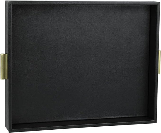 HofferRuffer Extra Large Serving Tray with Handles, Elegant Faux Leather Storage Decorative Tray for Coffee Table, Ottoman, Console Table, 20 x 16 x 2.2 inches (Black Tray+Golden Handle)