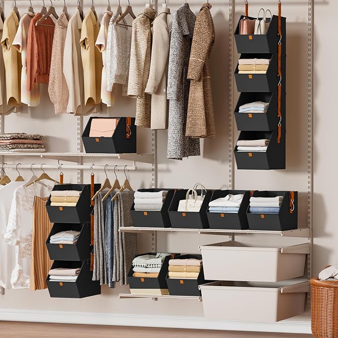 Hanging Closet Organizer 4 Tier - Clothes Hanging Shelves, Space-Saving Closet System, Fabric Storage Bins Bedroom Organization, Collapsible Baskets for Home, Dorm, Rv, Black, 2 Pack