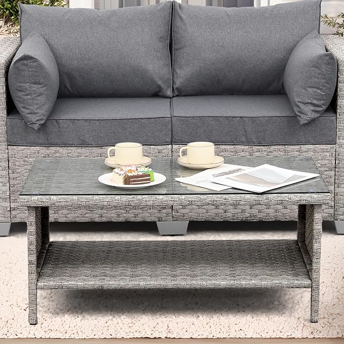 Rattaner Patio Coffee Table Outdoor Furniture Wicker Table 2-Layer Storage with Tempered Glass and Furniture Cover, Grey
