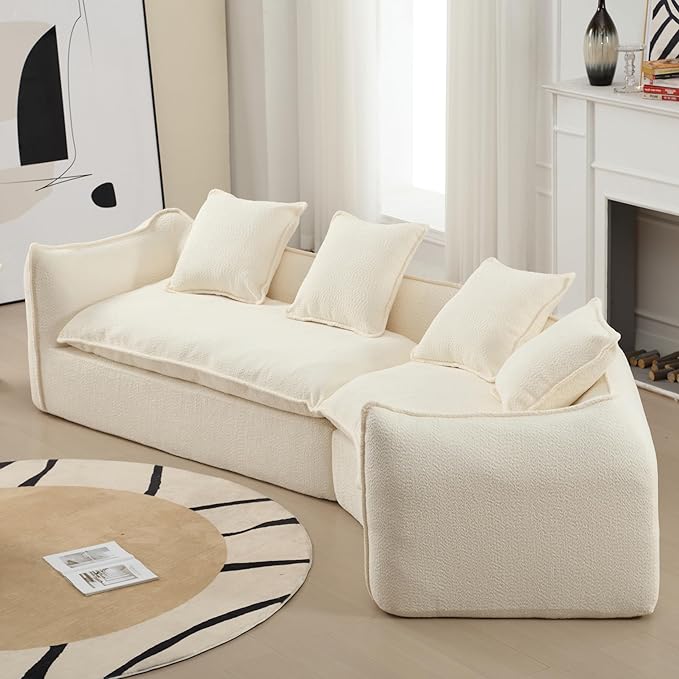 129.9” Curved Boucle Sofa Couch, Modern Sectional Sofa Cloud Deep Seat Couch with 4 Pillows, Comfy Modular 4-Seat Couches for Living Room Apartment (Beige)