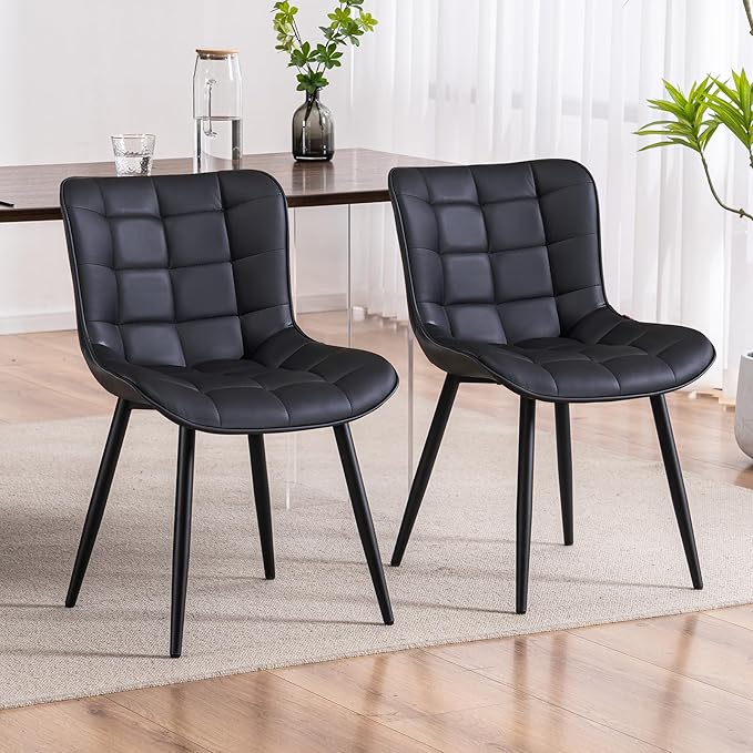 YOUTASTE All Black Dining Chairs Set of 2, Faux Leather Upholstered Armless Chairs with Back and Metal Legs, Mid Century Modern Kitchen Chairs for Living Room, Vanity, or Guest Reception Room