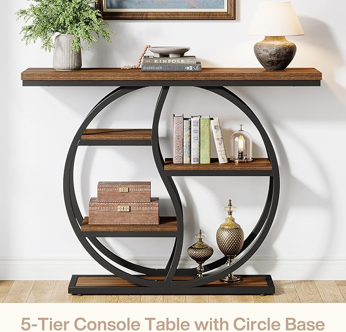 Tribesigns 47.24" Entryway Table, Industrial 5-Tier Console Sofa Table with Multiple Storage Shelves, Narrow Wood Accent Long Tables with Metal Frame for Small Spaces, Hallway, Foyer, Rustic Brown