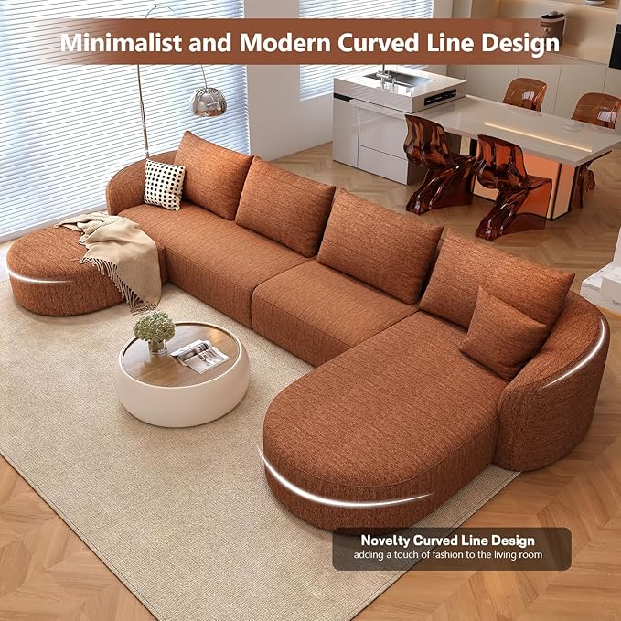 138.6" Modular Sectional Couches Luxury Modern Curved Back U-Shape Sofa Set with Ottoman,Minimalist Comfy Boneless Cloud Couch for Living Room Apartment,(Right Facing Chaise,Orange)