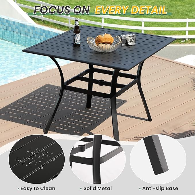 LVUYOYO Outdoor Patio Dining Table, Metal Square Table with Umbrella Hole, All-Weather Furniture for Backyard, Garden,Balcony,Porch (Black)