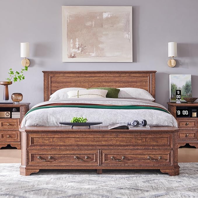 T4TREAM Farmhouse Queen Bed with Headboard and Storage Bench, Rustic Wood Platform Bed with 64" Storage Chest w/ 4 Large Drawer, Dark Brown