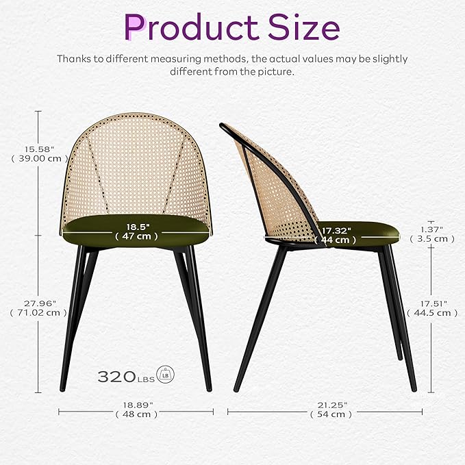 TYBOATLE Rattan Dinner Chairs Set of 4 with Faux Leather Cushion, Modern Dining Room Chairs w/Adjustable Foot Pads, Kitchen Boho Mid Century Upholstered, Green