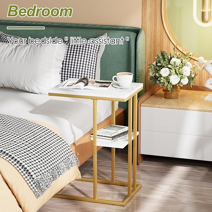 C Shaped End Side Table, Couch Sofa Table for Bed, Gold Snack Table with Metal Frame, TV Tray Table for Small Space, Living Room, Bedroom, Bedside(White Marble)