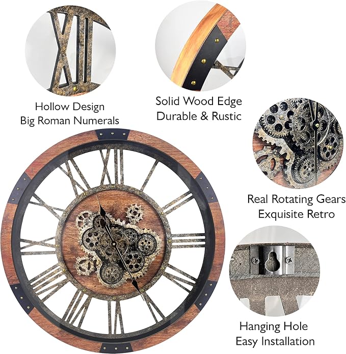 DORBOKER 30" Large Wall Clock Moving Gears,Oversized Industrial Rustic Farmhouse Clocks for Living Room Decor Office Home, Solid Wood Retro Metal HD Tempered Glass Cover, Brown and Vintage Bronze