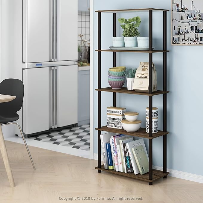 Furinno TURN-N-TUBE Storage Shelves, 5-Tier Book Shelf, Corner Shelf, Toolless Open Shelves, for Organization and Storage, Living Room, Garage, Home Office, Walnut