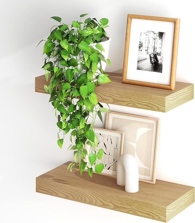 Fun Memories Floating Shelves for Wall, 20Inch Floating Shelves Set of 2, Hanging Shelf with Invisible Brackets, Wood Shelves for Living Room, Bedroom, Kitchen, Oak