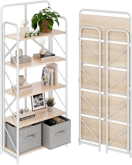 JSB No Assembly Folding Bookshelf, 5 Tier Industrial Metal Book Shelf for Storage, Vintage Wood Foldable Bookcase for Living Room, Bedroom, Office Organization Shelves