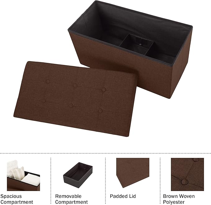 Lavish Home Ottoman Set of 2 - Ottoman Foot Rest, Linen Chest, or Storage Bench Set - 30in Ottomans for Living Room, Bedroom, Dorm Storage (Brown)