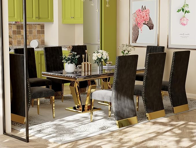 AUZ Black and Gold Dining Chairs Set of 4, Black Velvet Dining Room Chair with Nailhead Trim and Gold Polished Metal Legs, Luxury High Back Dining Chairs