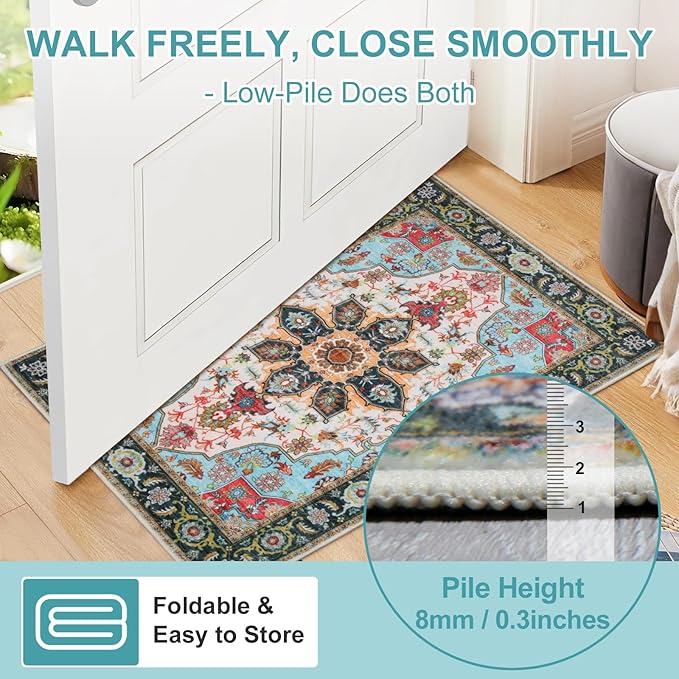 WILLSUN Washable Area Rugs, 4x6 Non-Slip Boho Large Area Rugs for Living Room, Bedroom, Machine Washable Vintage Rug, Indoor Floral Print Carpet for Home Decor, Kid & Pet Friendly Mat