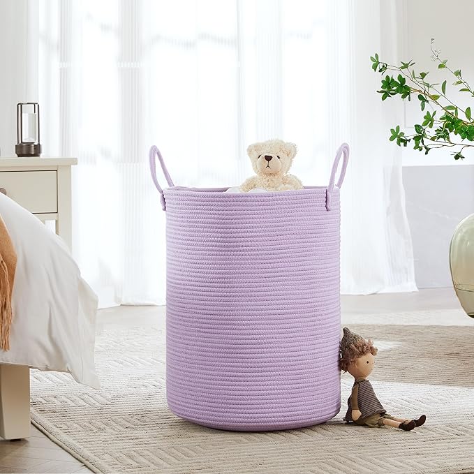 62L Large Purple Hamper Laundry Basket for Nursery Kids Tall Lavender Blanket Basket for Girls Cotton Rope Lilac Clothes Hamper in Bedroom