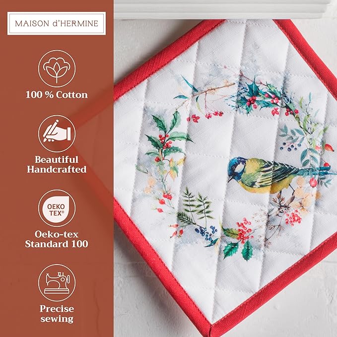 Maison d' Hermine Pot Holders Set 100% Cotton Heat Resistant Potholders 8" x 8" Hot Pads with Loop for Thanksgiving Christmas Decorations BBQ Cooking Baking Handling Hot Pans (Pack of 2, Morzine)