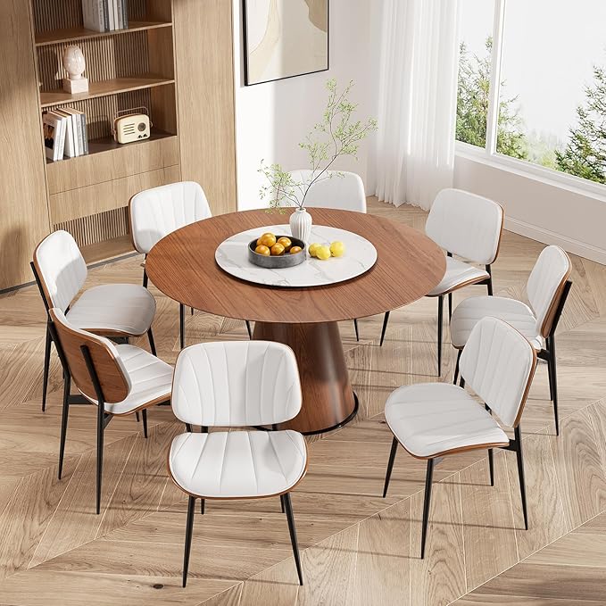 Dining Chairs Set of 8, Mid Century Modern Dining Room Chair, Upholstered Faux Leather Kitchen Chairs with Walnut Bentwood Back and Metal Legs for Kitchen Dining Room Living Room, White
