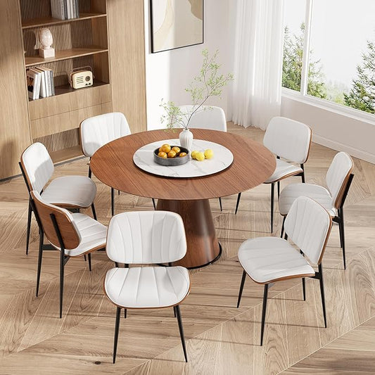 Dining Chairs Set of 8, Mid Century Modern Dining Room Chair, Upholstered Faux Leather Kitchen Chairs with Walnut Bentwood Back and Metal Legs for Kitchen Dining Room Living Room, White