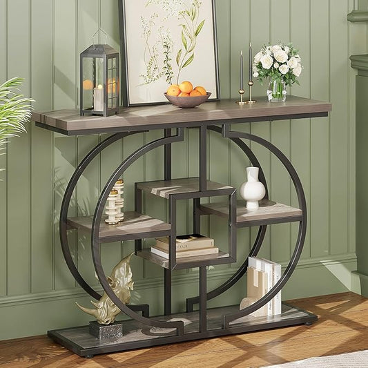 GiftGo Narrow Console Table for Entryway Industrial 4-Tier Sofa Table Behind Couch with Circle Base Rustic Wooden Accent Tables with Storage Shelves for Living Room, Hallway, Foyer (Grey)