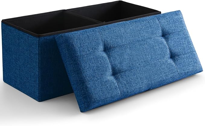 CUYOCA Storage Ottoman Bench Foldable Seat Footrest Shoe Bench End of Bed Storage with Flipping Lid, 75L Storage Space, 30 inches Linen Fabric Dark Blue