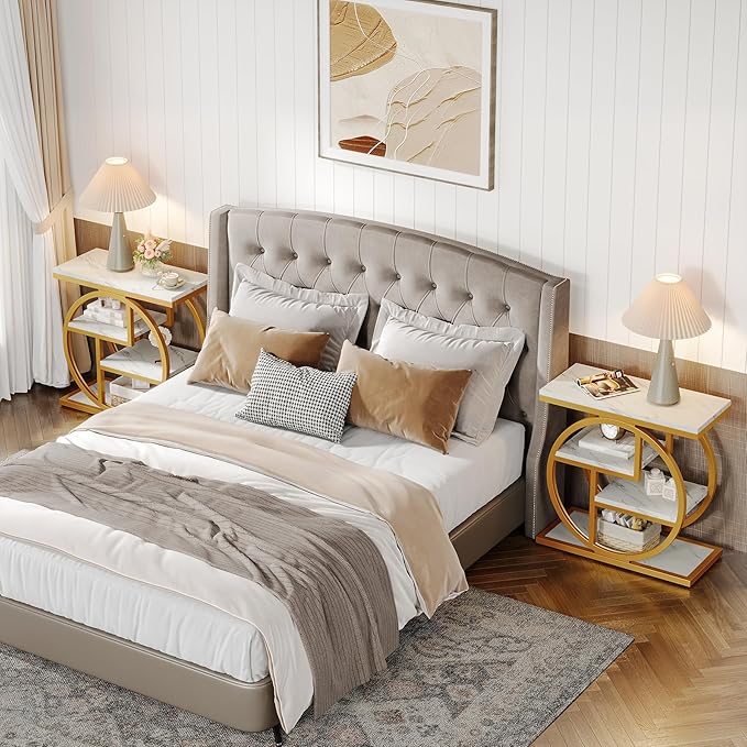 Tribesigns End Table Set of 2, Narrow Faux Marble Side Table with Storage Shelves, 4-Tier Modern Skinny Sofa Side Table with Geometric Metal Frame for Bedroom, Living Room, White & Gold