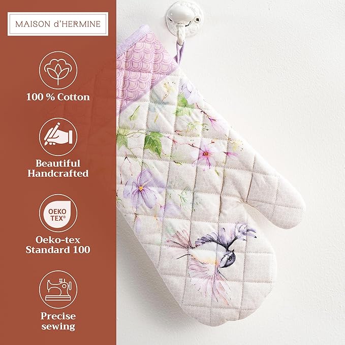 Maison d' Hermine Oven Gloves 100% Cotton Oven Mitt 7" x 13" with Loop Heat Resistant, BBQ, Cooking Gloves, Baking, Grilling, Kitchen, Handling Hot Pans Spring/Summer (Pack of 1, Magnolia Mornings)