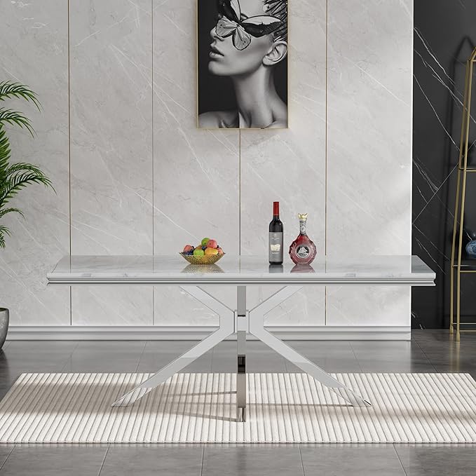 Goujxcy Luxury Dining Table Set for 6 Modern 7 Piece Faux Marble Dining Table Set with 6 Tufted Upholstered Chairs, 70" Faux Marble Kitchen Table & 6 Chairs with Mirrored Stainless Steel Base