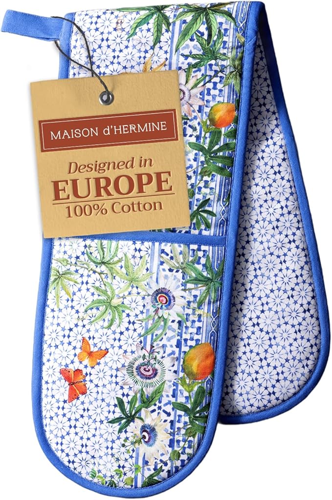Maison d' Hermine Double Oven Mitts 100% Cotton 7"x35" Double Oven Mitt Heat Resistant BBQ Cooking Gloves with Loop, Baking, Grilling, Home, Kitchen, Handling Hot Pans Spring Summer (Passiflora)